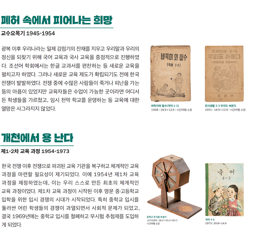 폐허 속에서 피어나는 희망 교수요목기 1945-1954 광복 이후 우리나라는 일제 강점기의 잔재를 지우고 우리말과 우리의 정신을 되찾기 위해 국어 교육과 국사 교육을 중점적으로 진행하였다. 조선어 학회에서는 한글 교과서를 편찬하는 등 새로운 교육을 펼치고자 하였다. 그러나 새로운 교육 제도가 확립되기도 전에 한국 전쟁이 발발하였다. 전쟁 중에 수많은 사람들이 죽거나 피난을 가는 등의 아픔이 있었지만 교육자들은 수업이 가능한 곳이라면 어디서든 학생들을 가르쳤고, 임시 천막 학교를 운영하는 등 교육에 대한 열망은 사그라지지 않았다. 바둑이와 철수(국어1-1) 1948 | 18.9✕12.6 | 시간여행 소장 전시생활 3-3 우리도 싸운다 1951 | 18.9✕12.6 | 시간여행 소장 개천에서 용 난다 제1-2차 교육 과정 1954-1973 한국 전쟁 이후 전쟁으로 파괴된 교육 기관을 복구하고 체계적인 교육 과정을 마련할 필요성이 제기되었다. 이에 1954년 제1차 교육 과정을 제정하였는데, 이는 우리 스스로 만든 최초의 체계적인 교육 과정이었다. 제1차 교육 과정이 시작된 이후 명문 중·고등학교 입학을 위한 입시 경쟁의 시대가 시작되었다. 특히 중학교 입시를 둘러싼 어린 학생들의 경쟁이 과열되면서 사회적 문제가 되었고, 결국 1969년에는 중학교 입시를 철폐하고 무시험 추첨제를 도입하게 되었다. 중학교 무시험 추첨기 1970년대 | 26.0✕55.0✕60.0 | 시간여행 소장 국어 4-2 1973 | 20.8✕14.9